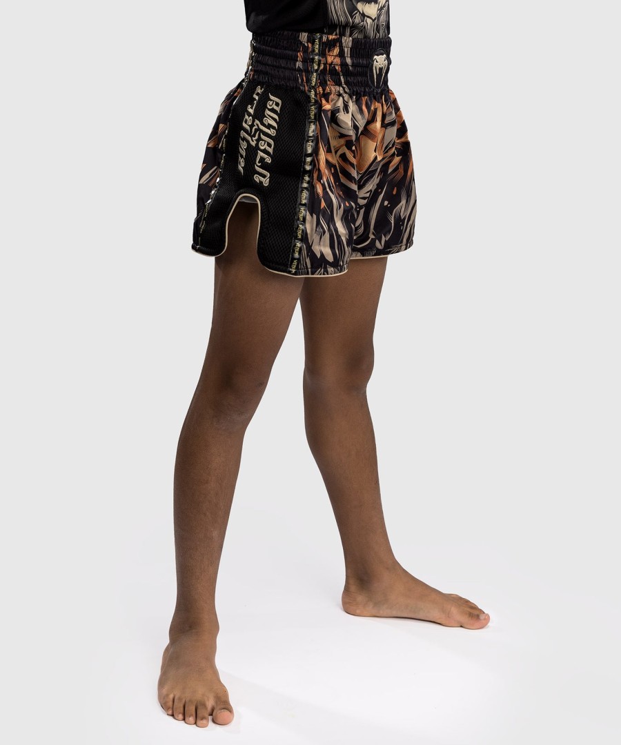 venum tiger kids muay thai shorts - blackneon orange